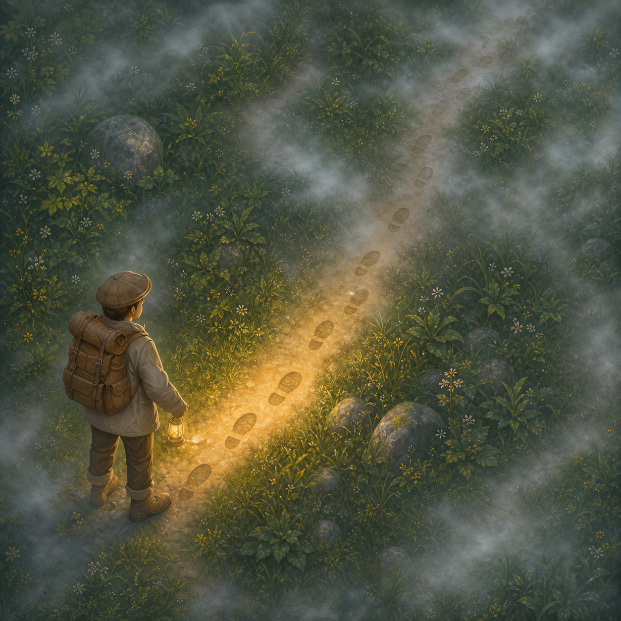 Lantern revealing the next footprints