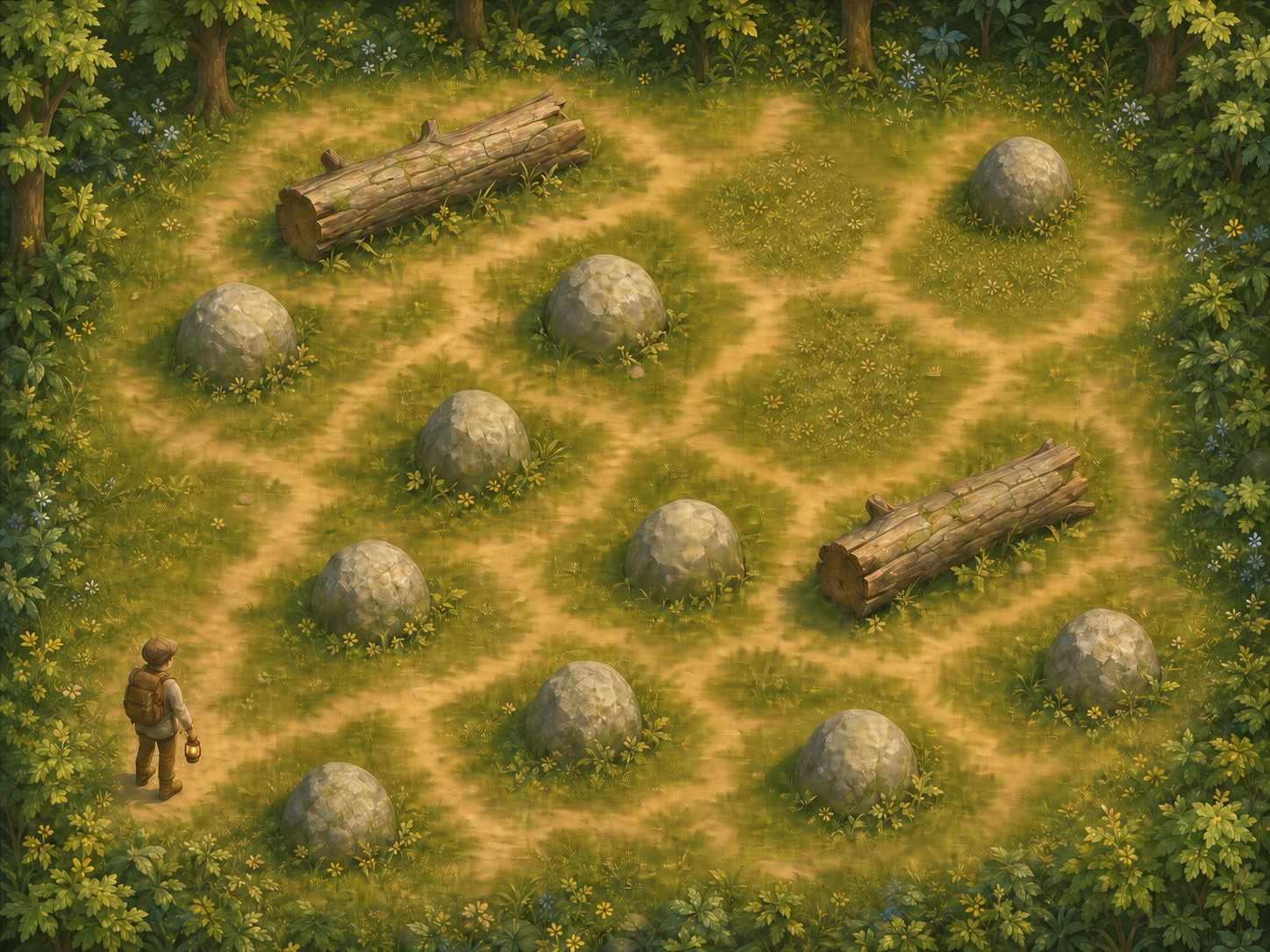 Forest board with ten stones and two fallen logs